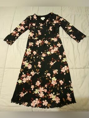 Motherhood Maternity Black Midi Dress with Pink Floral Print V-Neck Size S